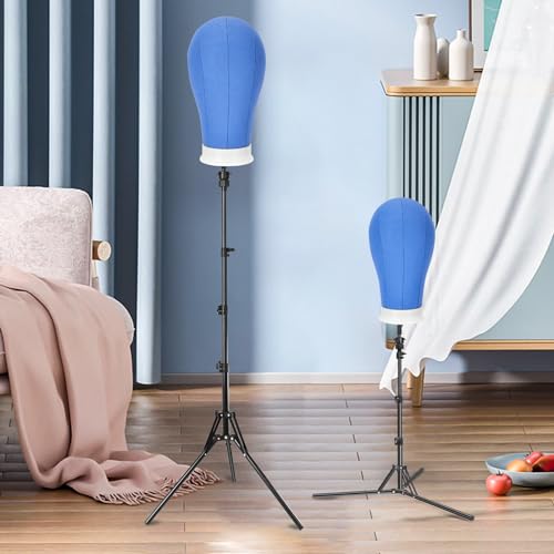 Yofuly 22'' Canvas Wig Head Set, Upgraded 63 Inch Tall Wig Stand Tripod with Mannequin Head, Canvas Block Head Wig Stand Set with Wig Caps, Table Clamp, Perfect for DIY Wig Making and Styling - Blue