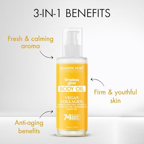 Majestic Pure Timeless Glow Body Oil -100% Pure & Natural Vegan Collagen with Grapeseed, Jojoba, Lemon Oil -After Shower Body Oils for Women and Men - Scented, Radiant, Firming Massage Oil - 3.4 Fl Oz