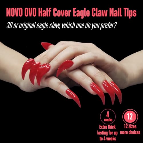 NOVO OVO Nail Tips Curved Stiletto, Clear Gel x Extension kit Half Covel to Make Press on 3D Eagle Claw nails, Thick Extra Hawk Deep Curve Almond French Tips Soft False Fake Acrylic Nail 504pc 12 Size