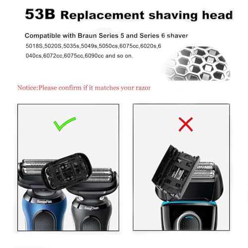 53B Series 5 Replacement Shaver Head Compatible with Braun S5 Replacement Head,53B Blades for Braun Series 5/Series 6 Electric Razor for S6 Replacement Foil and Cutter for 6020s,5020s,5018s