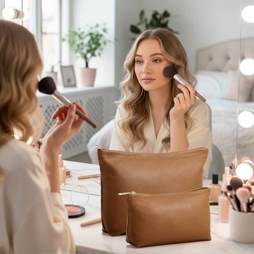 Kigeli 2 Pcs Small Makeup Bag Set for Purse PU Leather Cosmetic Bag Makeup Travel Toiletry Pouch Aesthetic Preppy Organizer Storage Pouch for Valentine Women Gift(Brown)