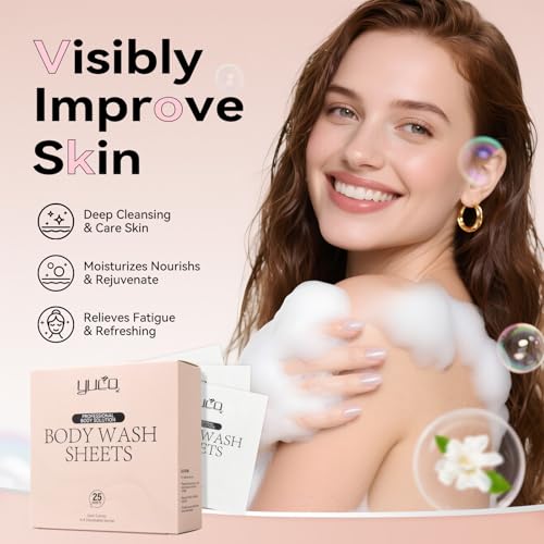 YUCO Travel Body Wash Sheets Travel Pack 25 Sheets,Individual Sachet,for Body Wash,Camellia Japonica Scent,For Gym,Camping,Vacation,Hotels,Hospital,Business Trip,Flight Travel Essentials