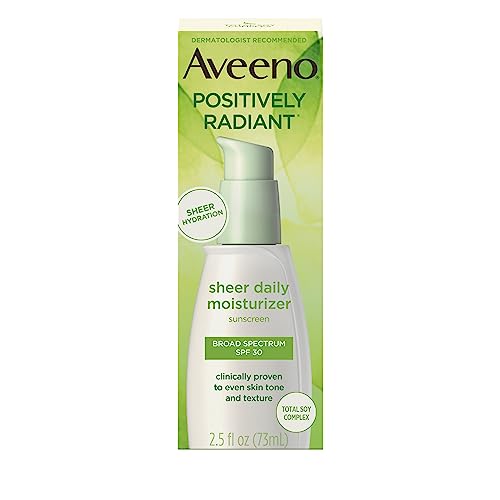 Aveeno Positively Radiant Sheer Daily Moisturizing Lotion for Dry Skin with Total Soy Complex and SPF 30 Sunscreen, Oil-Free and Non-Comedogenic, 2.5 fl. oz