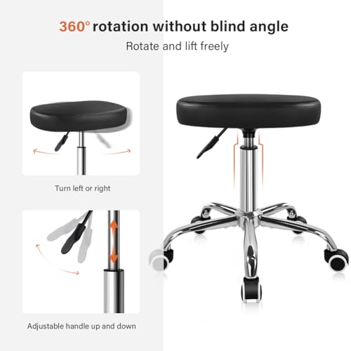 KKTONER Square Rolling Stool Swivel Height Adjustable Stool for Office Salon Home Coffee Shop Bar SPA Chair Black