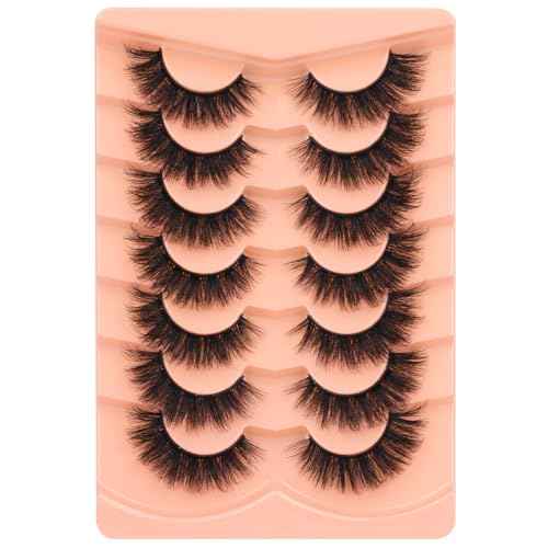 Kiromiro Mink Lashes False Eyelashes 18mm 3D Volume Cat Eye Lashes Faux Mink Eyelash Wispy Fake Eyelashes Thick Strips Lash Pack, 7 Pairs
