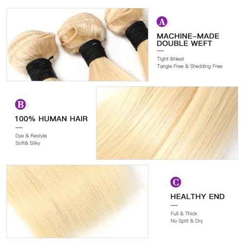 613 Bundles Human Hair 3Bundles Light Blonde Color Real Human Hair Bundles Extensions 613 Straight Human Hair 3Bundles (101214 Inch)