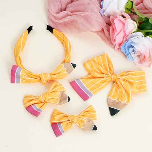 4Pcs Pencil Hair Bow Clips Headband Accessories Set Back to School Stuff for Girl Kindergarten First Day of School Outfits