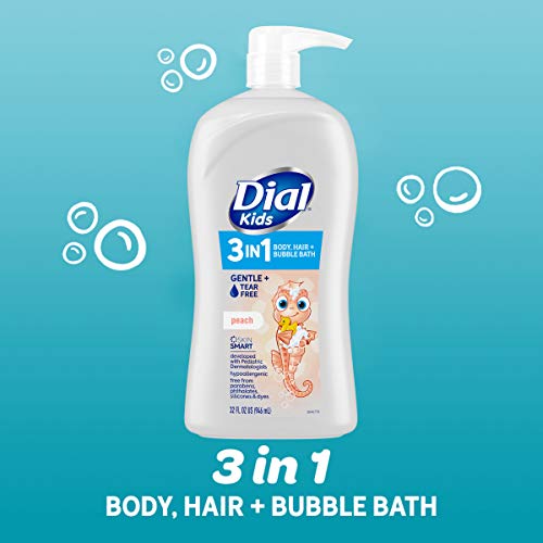 Dial Kids All-in-1 Body + Hair + Bubble Bath, Peach Scent, 32 Fl Oz, Hypoallergenic Body Wash & Shampoo, No Tears Formula for Kids 2+ Years, No Parabens & Silicones (Pack of 2)