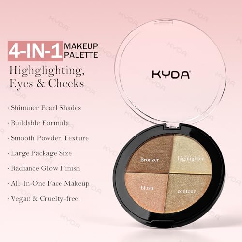 KYDA 4 Colors Eyes & Cheek Glow Palette - Full Size Shimmer Makeup Set for Mature Skin