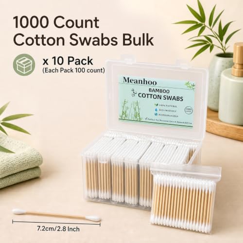 Meanhoo 1000ct Bamboo Cotton Swabs - Double Tips in Storage Box, Soft & Sturdy