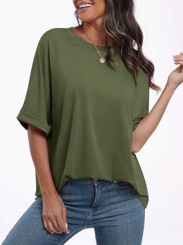 ANRABESS Women's Oversized T Shirts Short Sleeve Crewneck Summer Tops Casual Loose Basic Tee Shirts 2024 Trendy Clothes Olive Green Small