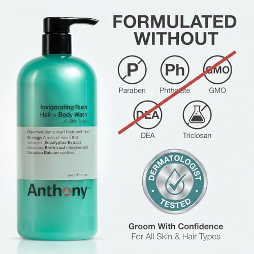 Anthony Mens Body Wash and Shampoo: Invigorating Rush 2-In-1 Liquid Gel Soap & Hair Shampoo, Pine Wood Scent, Hydrating with Eucalyptus, Canadian Balsam, Birch Leaf, Charcoal, Sea Kelp, 32 Fl. Oz