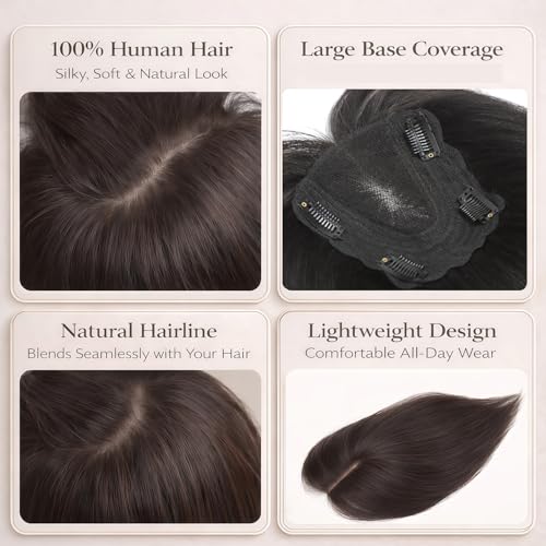 360° Human Hair Topper for Women with Clip-in Bangs - 12 Inch