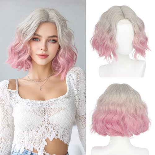 Haloo Pink Ombre Bob Wig for Women - 11 Inch Short Wavy Curly Synthetic Lace Front Hairpiece