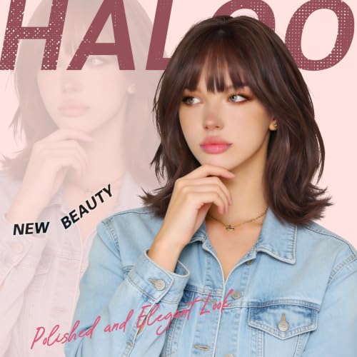 Haloo Reddish Brown Short Wavy Bob Wig with Bangs - 14 Inch Synthetic Hair for Women