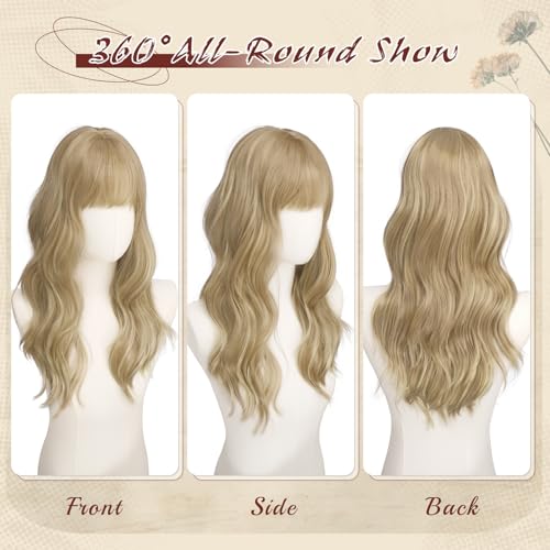 Haloo Blonde Wigs with Bangs - 20 Inch Long Wavy Synthetic Hair Wig for Women, Dirty Blonde