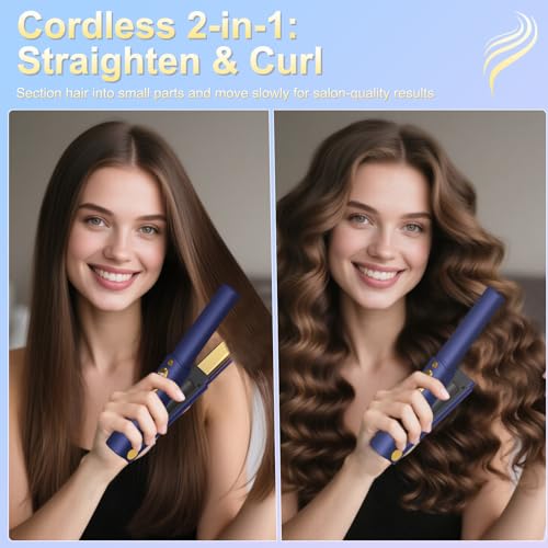 Cordless 2-in-1 Hair Straightener & Curler - Portable Travel Flat Iron with Titanium Plates