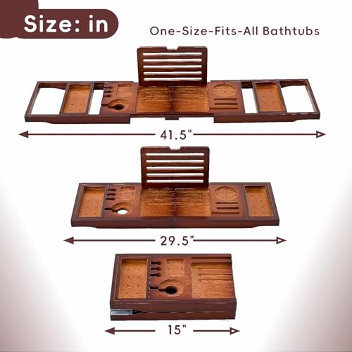 Premium Foldable Bamboo Bathtub Tray Caddy, Expandable Bath Caddy Tray with Holder, Brown Bath Shelf Over Tub, Spa Bathroom Accessories & Gifts for Home
