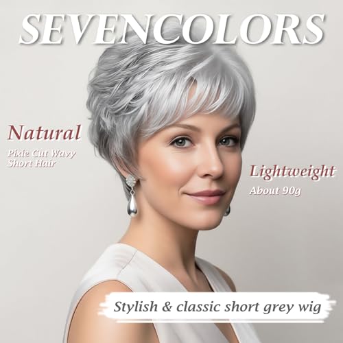 Short Gray Pixie Cut Wig with Bangs for Women