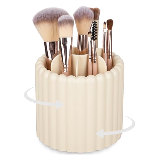 Rotating Makeup Brush Holder Organizer - 7 Slots, Beige
