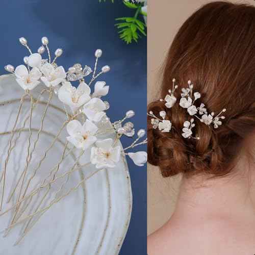 Handmade Bridal Wedding Hair Pins 5Pcs White Flower Zircon Pearl Hair Clips Bridal Hair Accessories for Women Girls Brides Bridesmaid