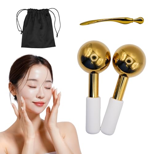 Ice Globes with Storage Bag - Facial Cryo Rollers, Cooling Eye Applicator, Massage Beauty Balls for Face, Stainless Steel Cryoglobes, Icing Cream Stick, Metal Skin Massager for Women (Gold)