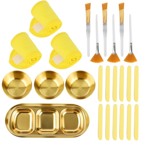 26 Pcs Esthetician Supplies 3 Gold Mixing Bowls Gold Small Serving Tray 3 Compartment Serving Tray 3 Facial Fan Brushes 3 Face Mask Applicator Brush 12 Facial Sponge Compressed Round 3 Hair Band