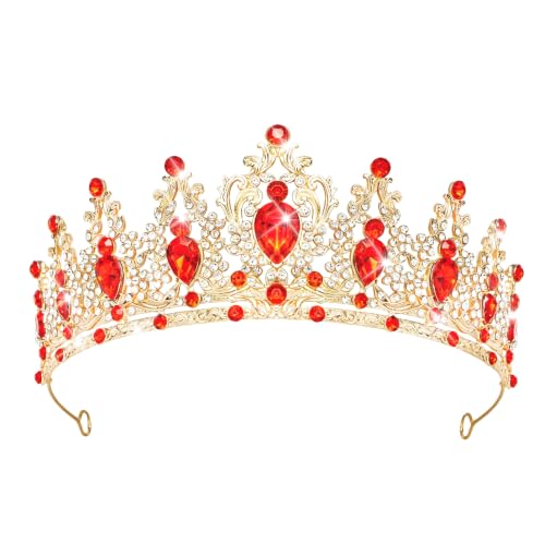Queen Rhinestone Crown for Women - Gold & Red Bridal Tiara