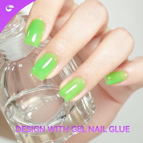 Professional Gel Nail Glue UV - 6 in 1 Gel Glue for Nail Tips with Green Jelly Gel Polish,Base Coat Free,Gelike EC Strong Adhesive for Press on Nail,Ideal for Salon and Home DIY