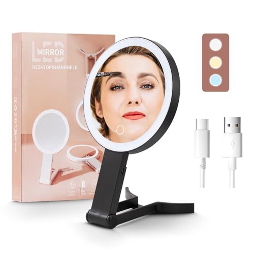 1x 10x Magnifying Makeup Mirror with Light, Double-Sided Magnifying Travel Makeup Mirror Rechargeable Three in One Handheld Desktop Hanging with 3-Color Light LED