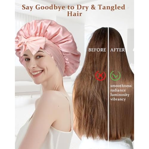 100% Mulberry Silk Bonnet for Sleeping Women Double Layer Silk Hair Bonnet Natural Silk Sleep Cap with Elastic Reversible Hair Wrap (Pink+Beige)