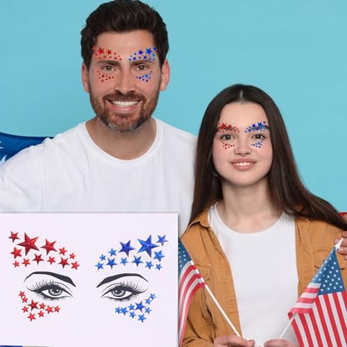 Independence Day Face Gems,4th July Fece jewelry Red Blue Star Tattoo Sticker rhinestones for Women Kids Parade Makeup Party Decoration 2 pcs