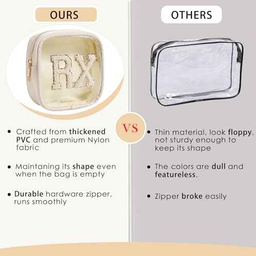 Small Chenille Letter Clear Medicine Makeup Bags,Nylon PVC Waterproof Rx Pouch with Metal Zipper, Cute Drug First Aid Travel Organizer for Women Girls(06Beige)