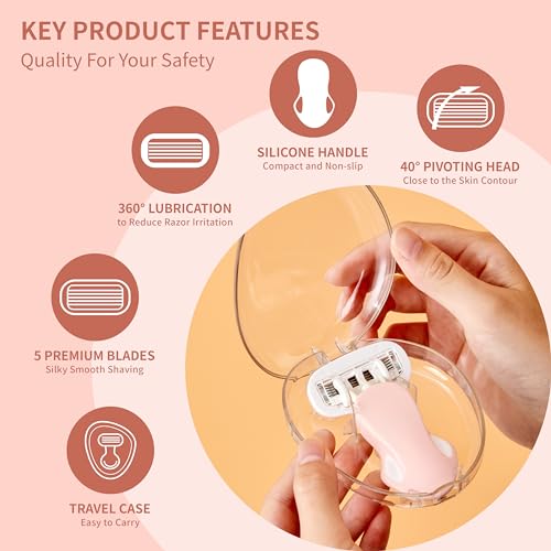 Travel Razor for Women with Mini Handle, Extra Smooth 5-Blade Travel Size Razors with Case & Gift Box, Includes 5 Cartridges (Pink)