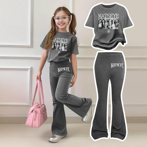 Kids Girl Short Sleeve Shirt & Flared Pants Set 12-13 Years Gray MABUTINGTI