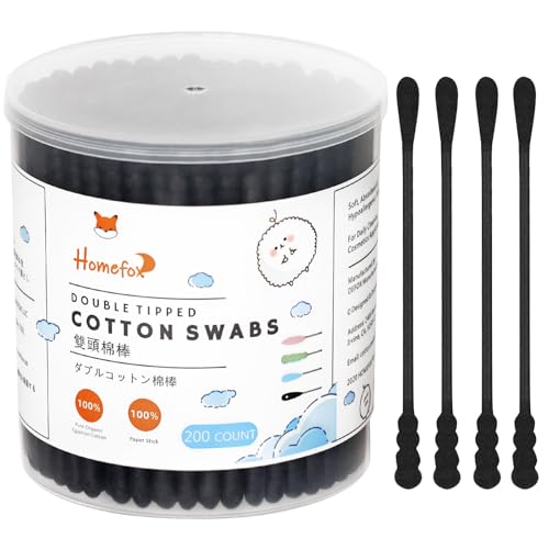 HOMEFOX Black Spiral Cotton Swabs - 200 Organic Charcoal Tips for Personal & Beauty Care