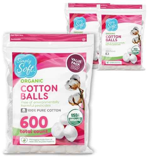 Simply Soft Premium Organic Cotton Balls, 600 Count (3 Bags) 100% Pure Cotton, Certified Organic, Hypoallergenic, Large, Soft & Absorbent for Beauty, Cosmetics, Skin Care, Lint Free