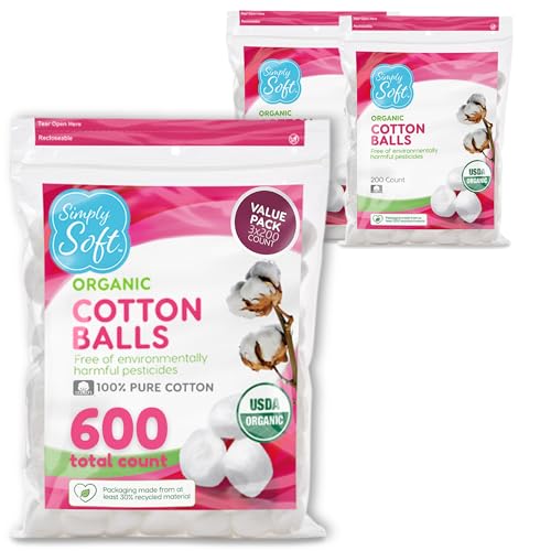 Simply Soft Organic Cotton Balls - 100% Pure, Hypoallergenic (600 Count)