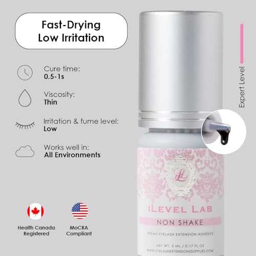 Non Shake Extra Strong Eyelash Extension Glue iLevel Lab - No Need to Shake (0.17fl.oz / 5ml) / 0.5 Sec Dry/Retention ? 4 Weeks/Black Adhesive/Professional Supplies