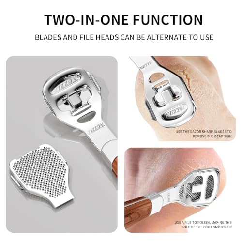 ZIZZON Callus Shaver for Feet - Wood Handle Pedicure Tool with 10 Blades