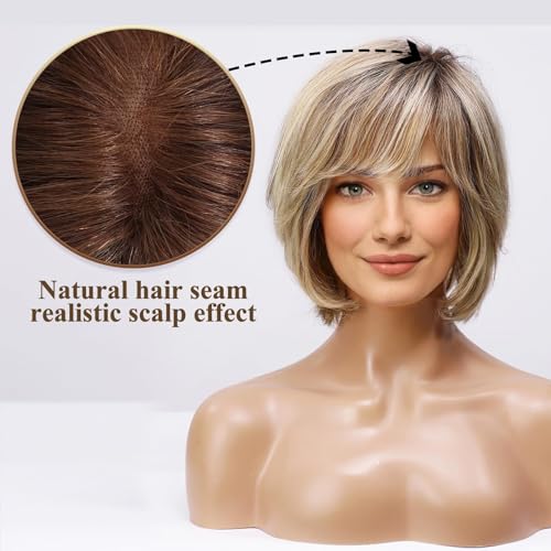 Haircube Short Ombre Blonde Wig with Lace Front, Hand-Tied, Layered Bob w/ Bangs (Blonde Mixed Brown)