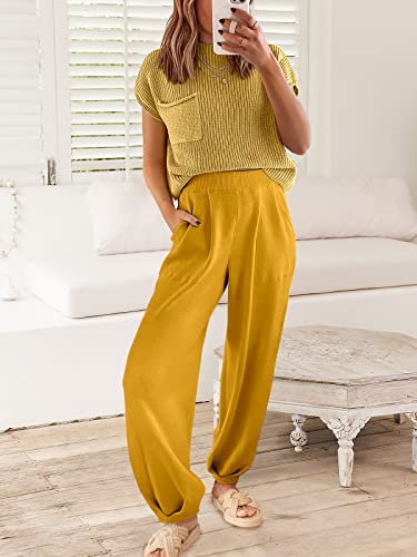 ANRABESS Women's Two Piece Outfits Knit Sweater Pullover Crop Top & Pants Lounge Matching Tracksuit Sweatsuit Sets 2024 Trendy Loungewear Clothes Yellow Small