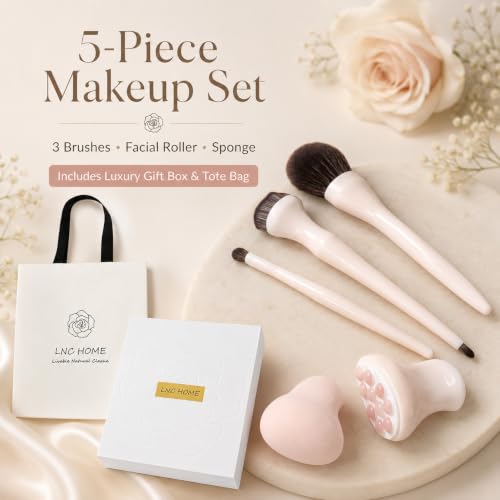 Professional 5-Piece Makeup Brush Set with Sponge & Facial Roller Gift Box