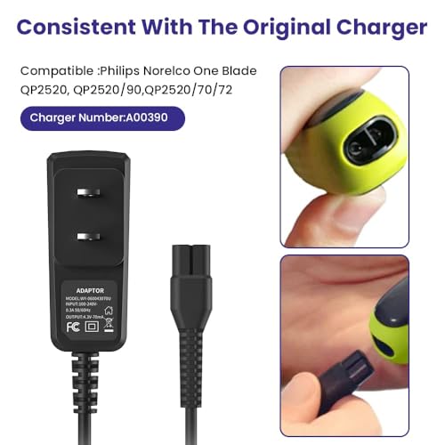 4.3V Charger Fit for Philips Norelco One Blade Old Model A00390 QP2520 QP2521 QP2522 QP2515 MG5700 MG3740 MG3720 QG3330 Electric Shaver for Phillips OneBlade Replacement Adapter Power Cord
