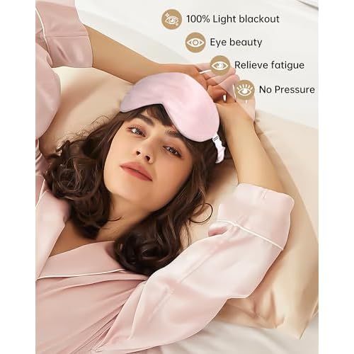 100% Mulberry Silk Bonnet for Sleeping Women Silk Hair Bonnet Elastic Tie Band Hair Wrap with Silk Hair Scrunchies and Silk Sleep Eye Mask(Bean Paste+Pink)