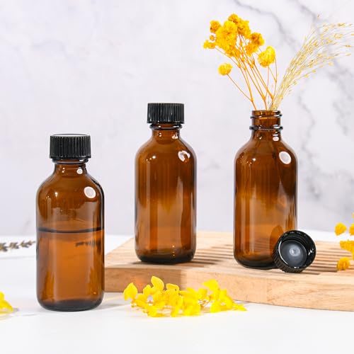 Small Glass Bottles with Lids Boston Round Shot Bottles for Health, Immunity, Ginger Juice, Essential Oils, Potion - Leak Proof Mini Travel Containers (Amber UV, 2oz-24Pack)