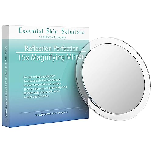 Essential Skin Solutions 15X Magnifying Mirror – Use for Makeup Application - Tweezing – and Blackhead/Blemish Removal – 6 Inch Round Mirror with Three Suction Cups for Easy Mounting