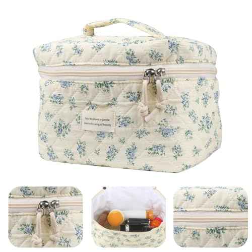 VIWIME Makeup Cosmetic Bag, Large Cotton Quilted Travel Coquette Aesthetic Cute Floral Make up Bag for Women Toiletry Bag Organizer (203- Blue Rose / 4Pcs)