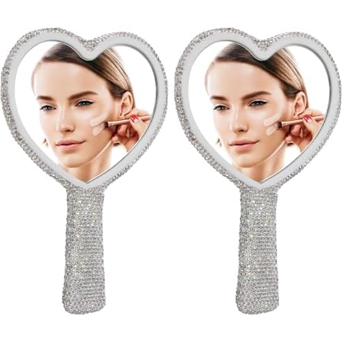 Baluue Heart-Shaped Mirror with Rhinestone Portable Handheld Single-Sided Makeup Mirror for Women Elegant Bling Cosmetic for Beauty Use for Lash and Beauty Use (Pack of 2)