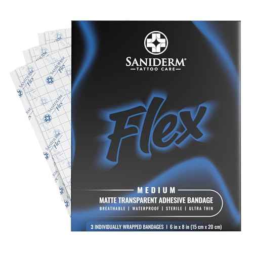 Saniderm Flex Tattoo Aftercare Bandage (New) (3 Sheets, 6 in x 8 in) ? Convenient, Faster Tattoo Healing and Protection ? Sterile, Waterproof, Ultra Flexible, Tatoo Aftercare Wrap ? Matte Finish